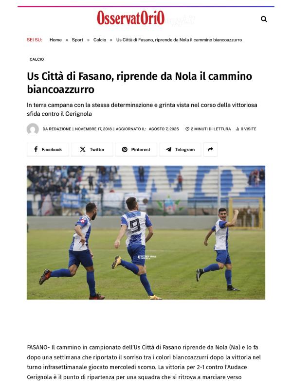 Us Città di Fasano, riprende da Nola il cammino biancoazzurro - Osservatorio Fasano.pdf
